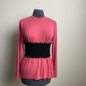 SIMLU New XL 10-12 Lace Waist Hi-Neck Dress Casual Long Sleeve Tee Rose